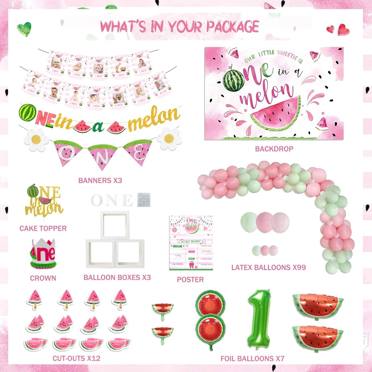 Fiesec One In A Melon Party Decorations 136 Pieces Watermelon 1st Birthday Party Decorations Background Balloon Garland Monthly Photo Highchair Banner Cake Topper Box Cutout Crown Poster Pink Green Red
