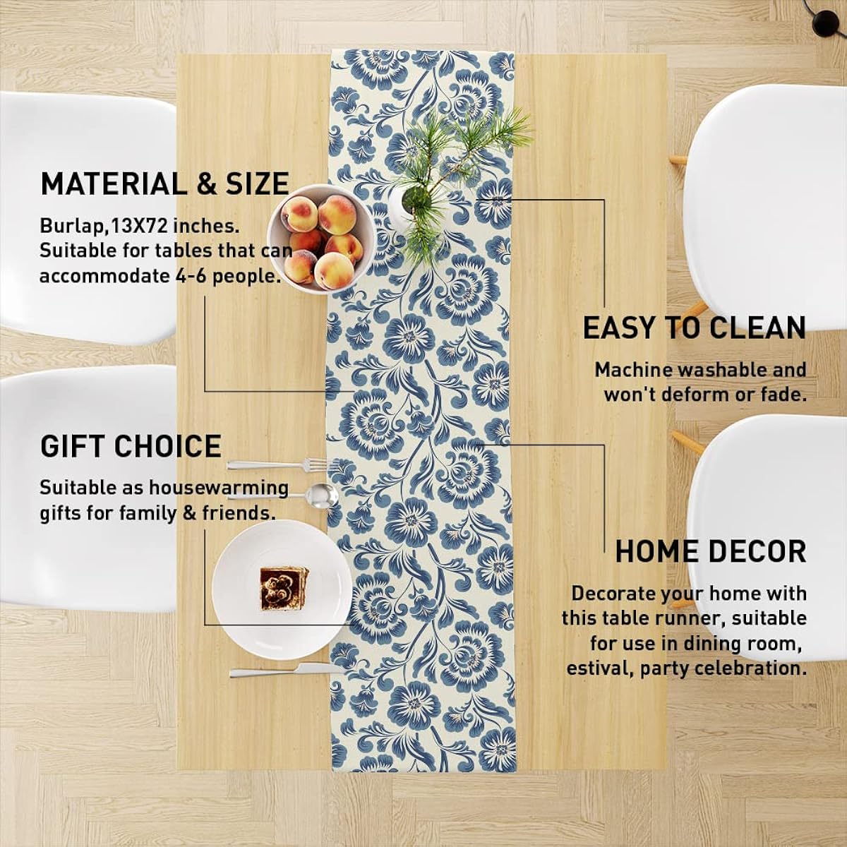 Blue Beige Floral Table Runner, Centerpiece Table Runner Decor for Dining Room Kitchen, Modern Table Runner for Holiday Party, Housewarming Gift, 13X72 Inches