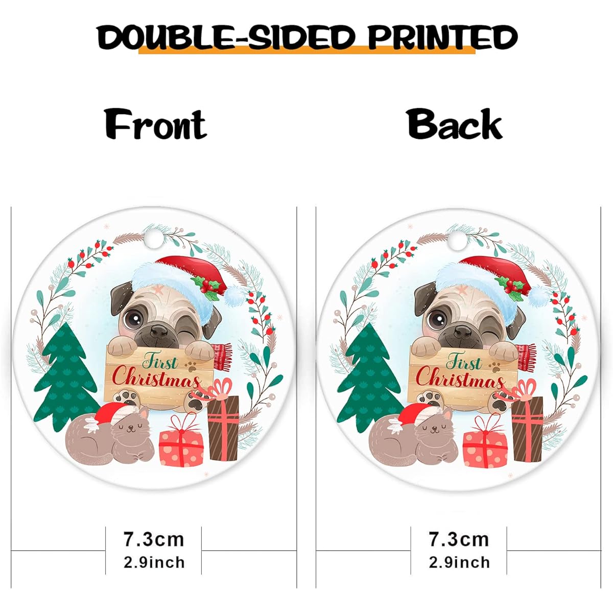 Pug Baby's First Christmas Round Ceramic Ornament Wreath Christmas Flat Porcelain Keepsake for Baby New Parents Christmas Tree Decoration Gift Double Sided