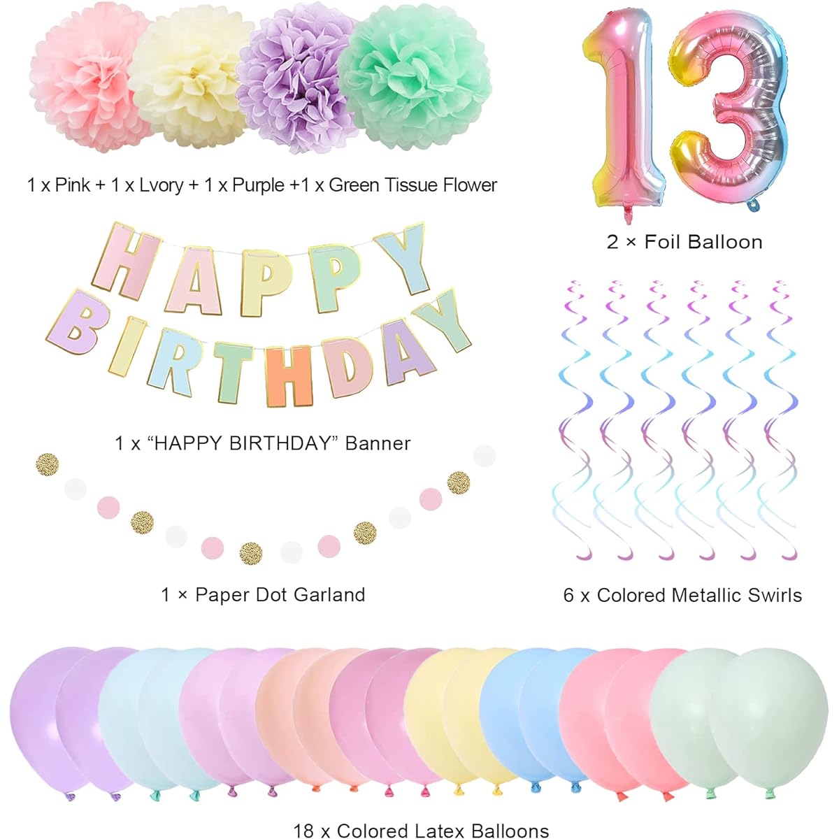 BRT Bearingshui 13th Birthday Decorations for Girls Boys, 40" Rainbow Gradient Number 13 Balloons, 13th Birthday Balloons, Happy Birthday Banner for Kids, 13th Birthday Party Supplies