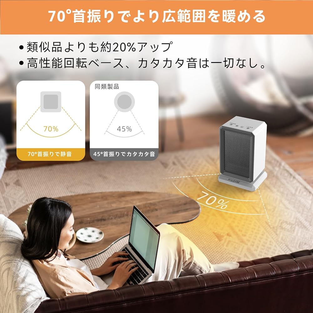 POLENTAT 2023 Winter Model Ceramic Heater, Electric Fan Heater, Small, 1500W, 1,100W, 500W, 4 Level Switching, 6-9 Tatami Mat, 2 Second Heat, 70° Neck Shake, Fall Auto Off, Timer Off, Handle Included,