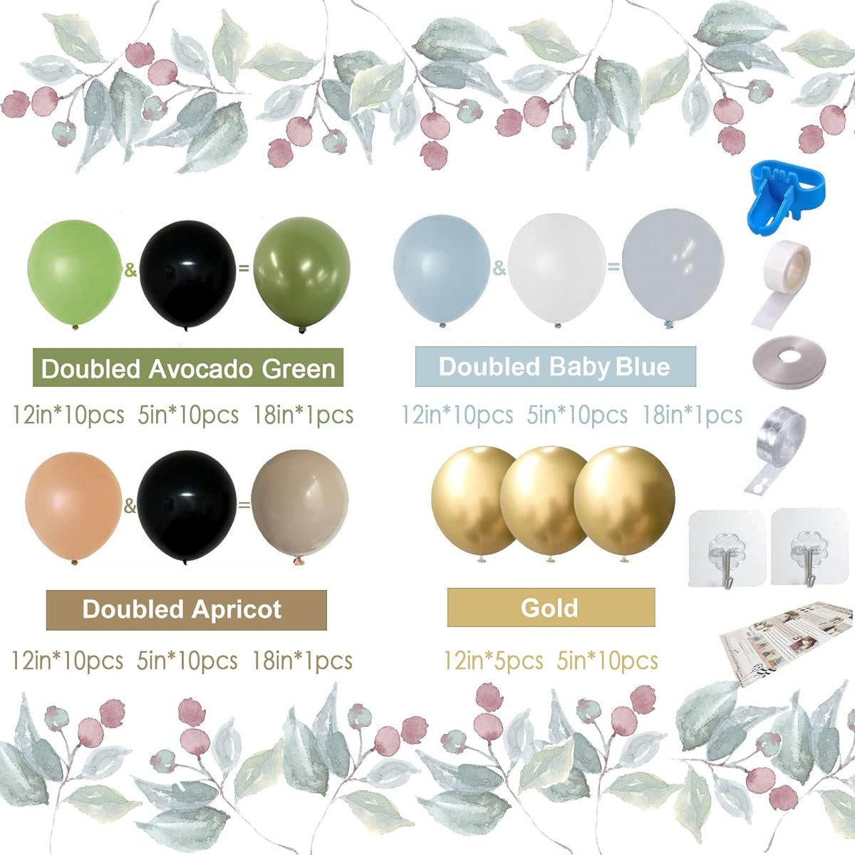 Woaipati Retro Avocado Green Balloon Garland Arch Kit with Baby Blue Balloons, Olive Balloons and Gold Metallic Chrome Latex Balloons Set for Wedding Birthday Balloons Baby Shower Decorations