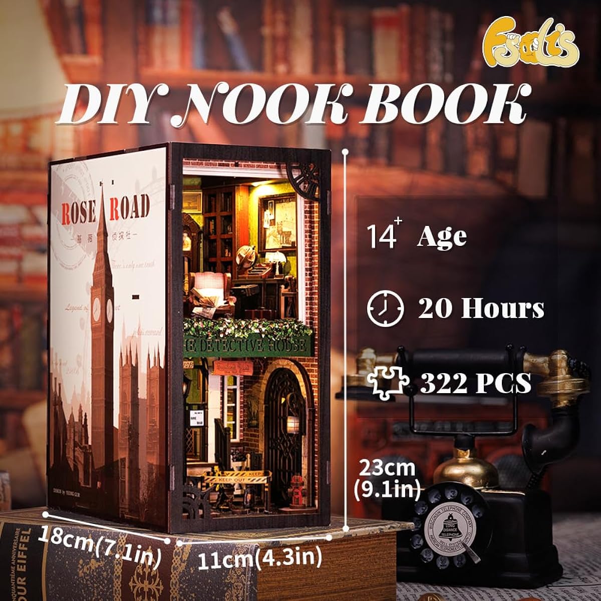 FSOLIS DIY Book Nook Kit DIY Miniature Dollhouse Kit 3D Wooden Puzzle Bookends Book Nook Miniature Kit Book Nook DIY Bookshelf Insert Book Nook Kit for Adults (SZ02)