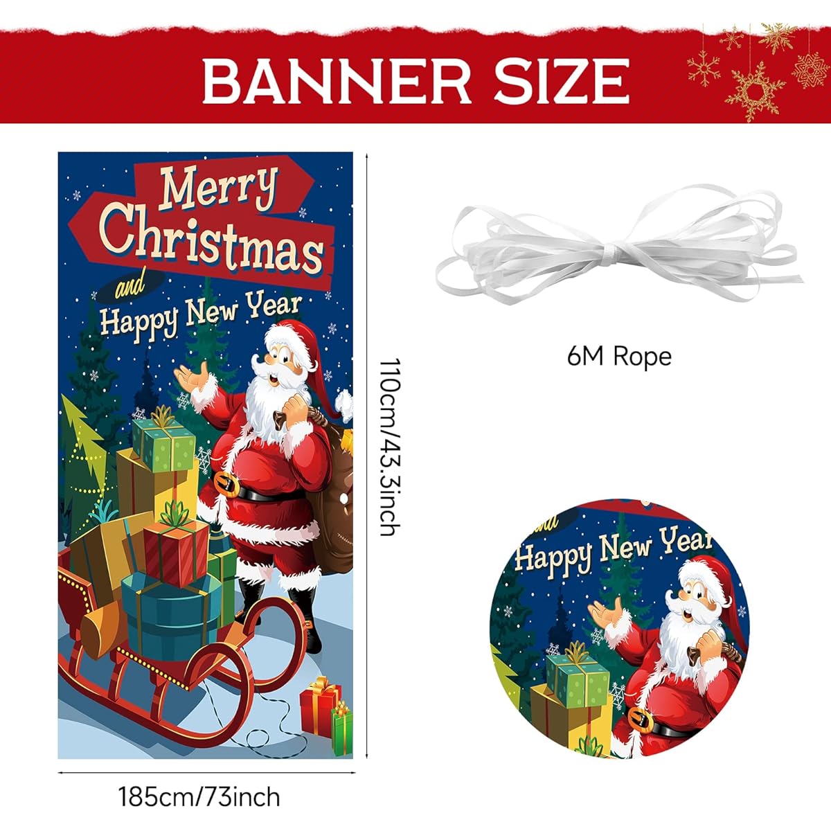 BTZO Merry Christmas Backdrop Banner, Merry Christmas Party Decorations, Large Fabric Christmas Background for Indoor Outdoor Christmas Photo Booth Backdrop Wall Decoration, 185x90cm