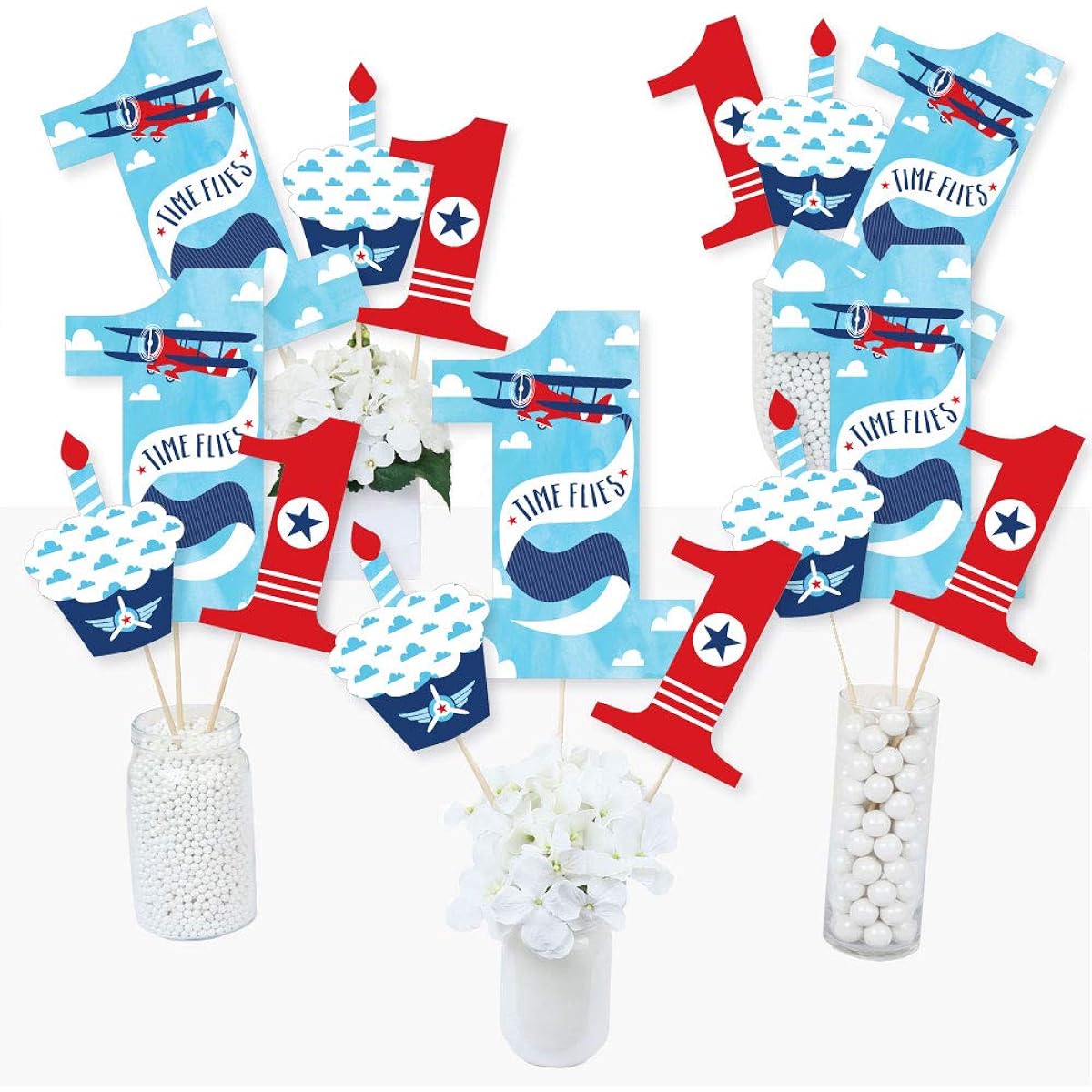 1st Birthday Fly Away Vintage Airplane First Birthday Party Centerpiece Sticks Table Toppers Set of 15