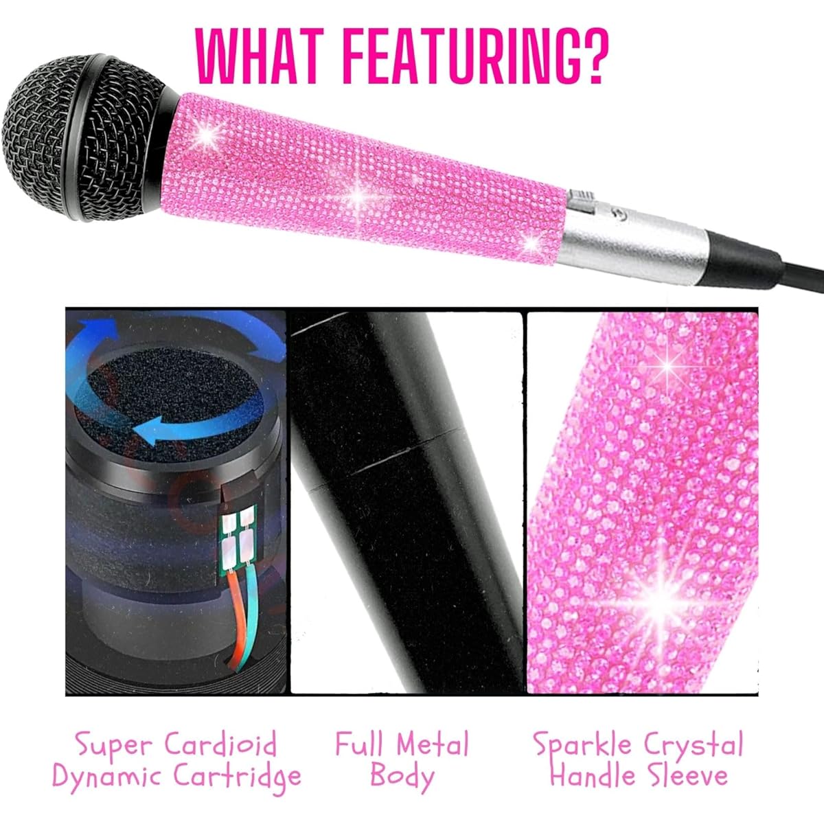 RhymKawa 58 Vocal Microphone with XLR Cable, Black Die-cast Body, Shiny Pink Handle for KTV, Singing, DJ, Church, Presentation, Recording