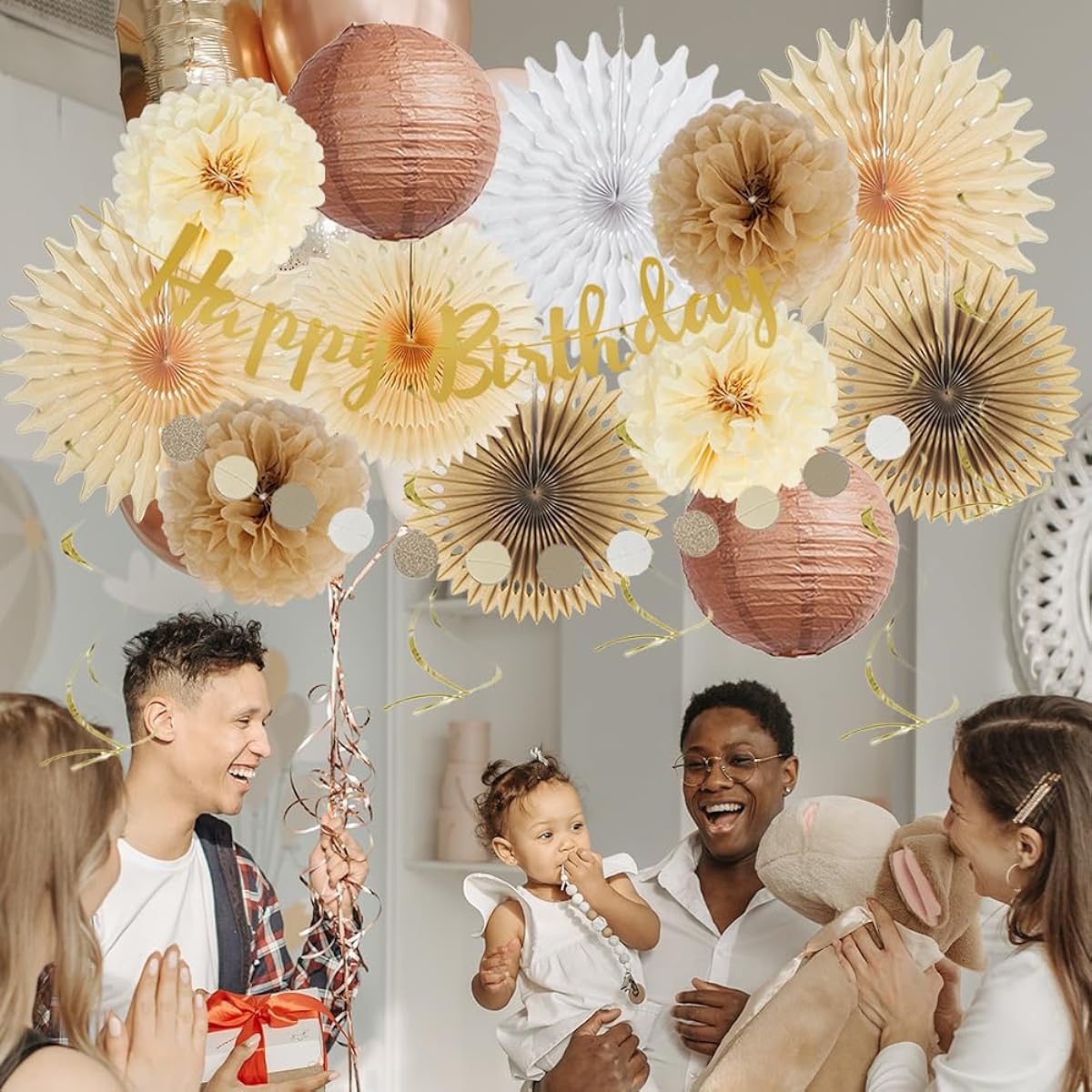 Brown Birthday Party Decorations Rustic Nature Birthday Decorations Brown Tan and Cream Tissue Pom Poms Fun Lantern with Happy Birthday Banner Gold Paper Circle Garland for Girls Women