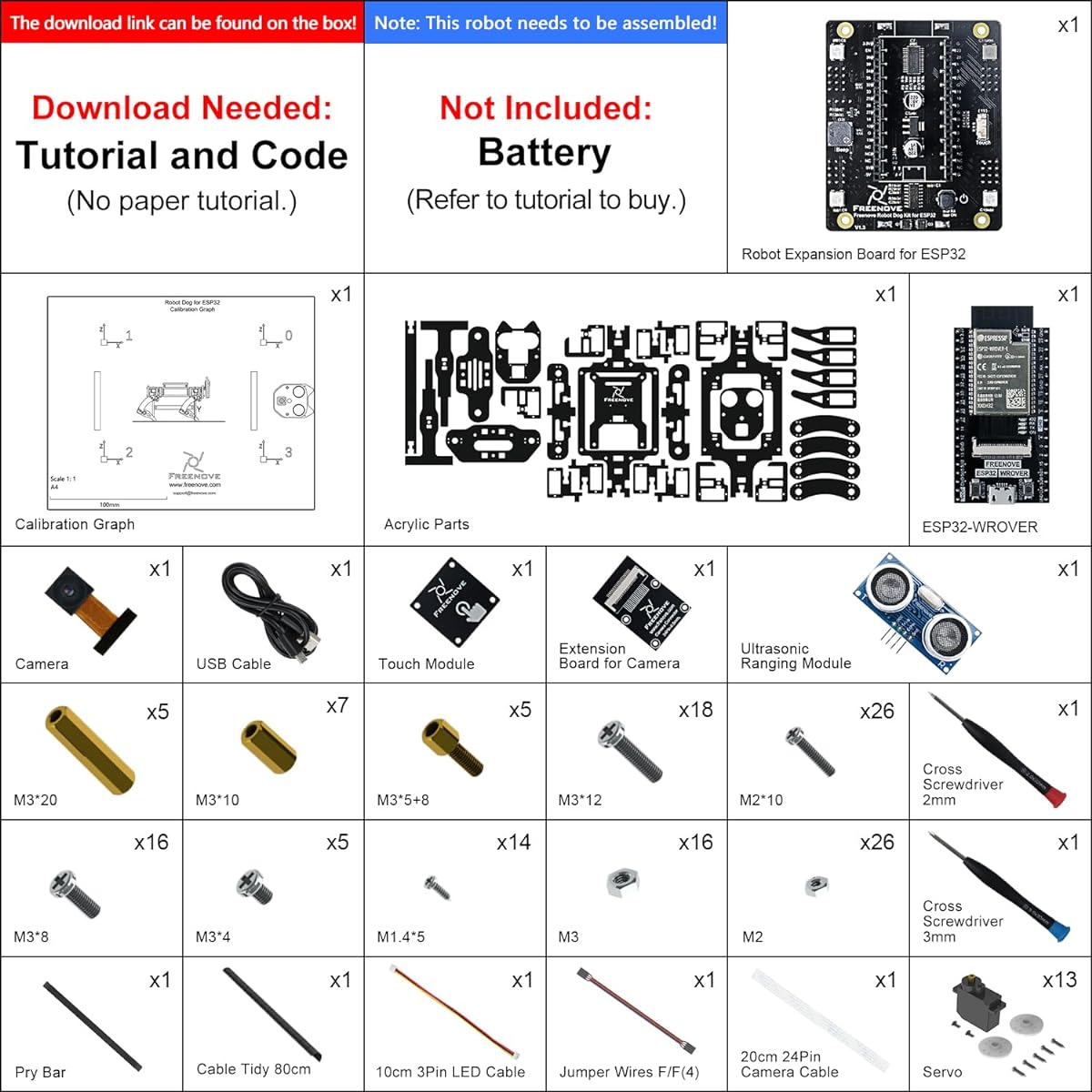 Freenove Robot Dog Kit with ESP32-WROVER (Included), Camera, Walking, Ultrasonic Ranging, Touch Sensor, Buzzer RGB LED Servo for App