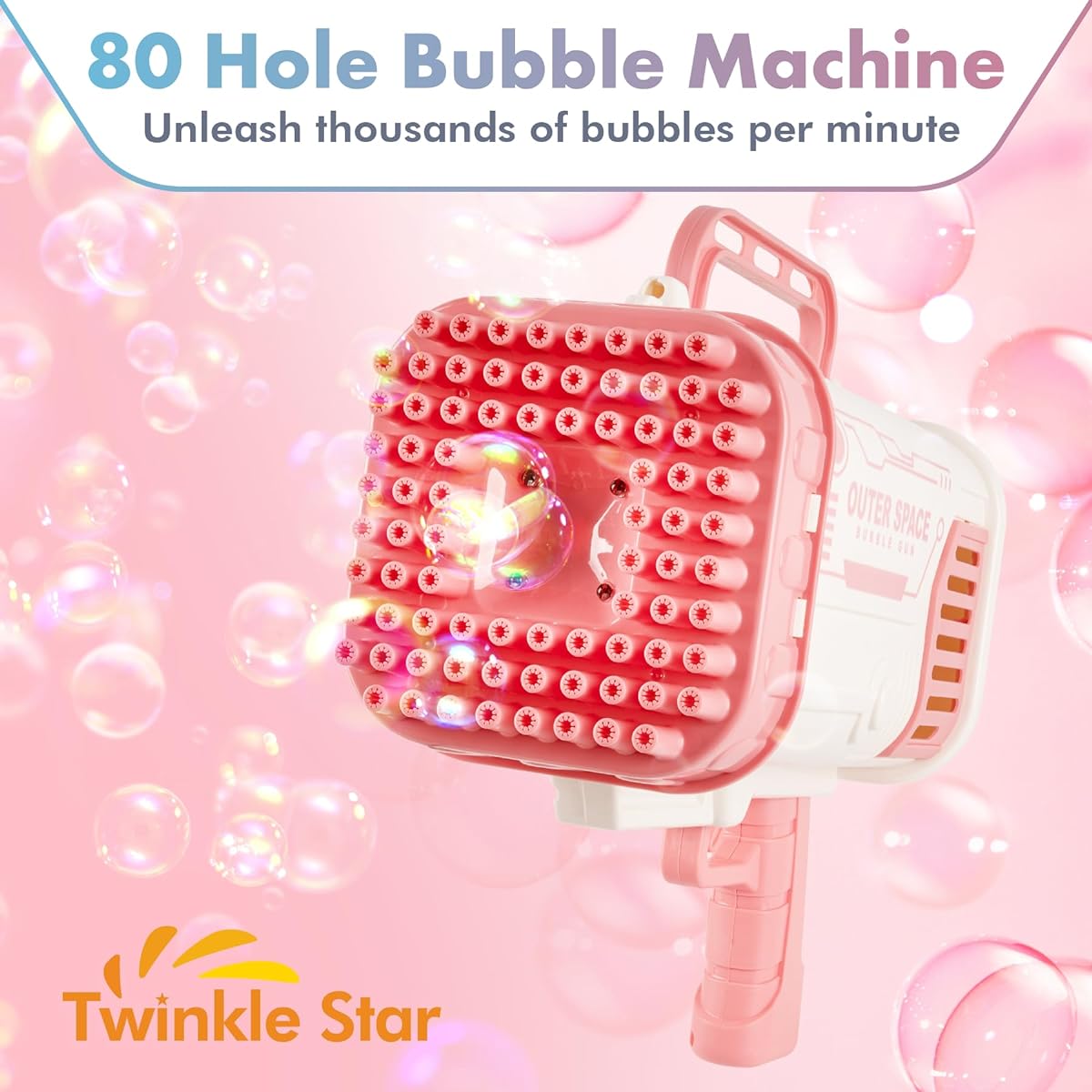 Bubble Machine Gun with Light/Bubble Solution/10 Holes Replacement Heads for Kids Toddlers 80 Holes Bubble Maker Summer Toys Gifts for Outdoor/Indoor/Birthday/Wedding Party