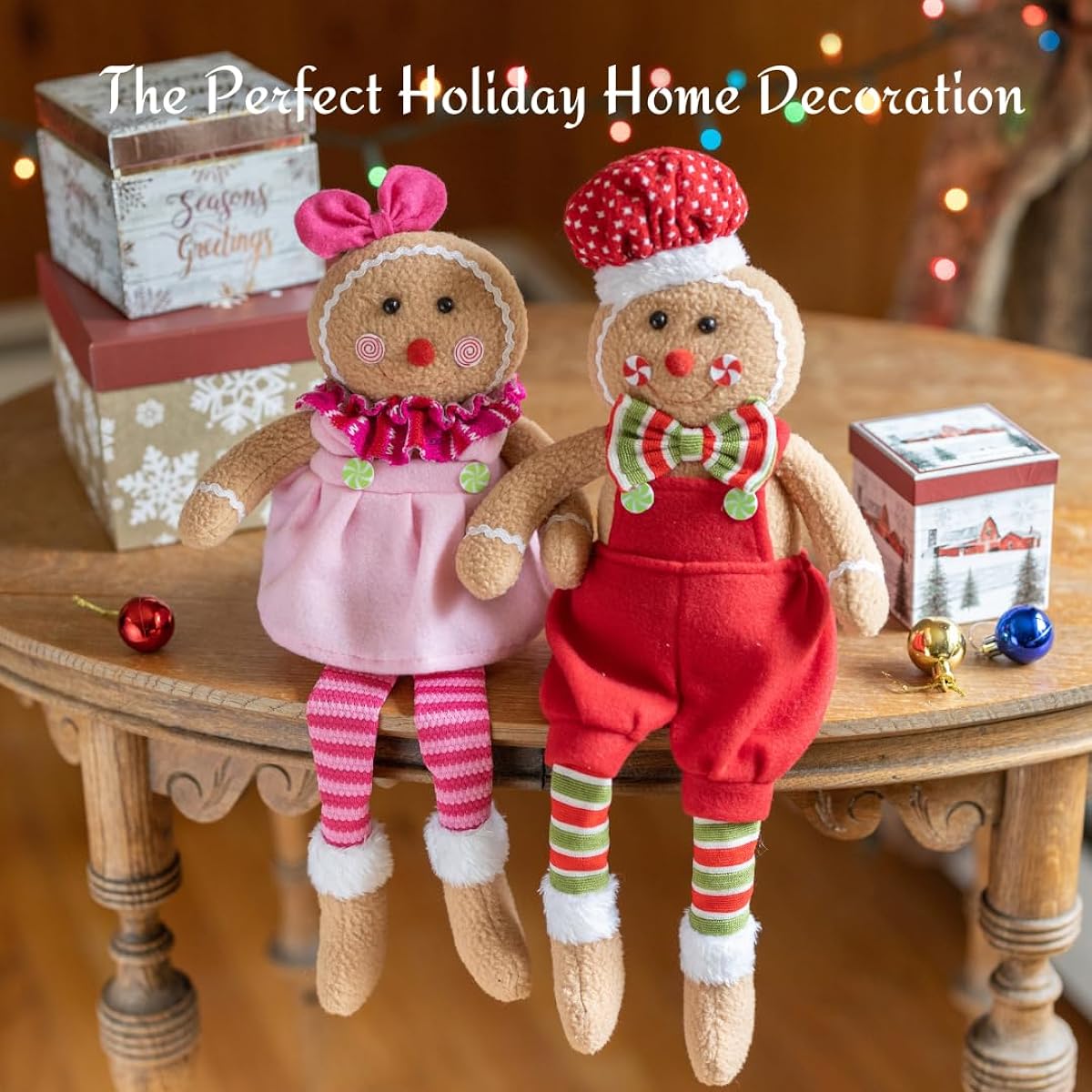 Set of 2 Elf Stuffed Christmas Gingerbread Dolls - 17" Boys and Girls Gingerbread Cookies Cute Shelf Decor - Fun Kids Holiday Toy Buddy, Decorate Home, Tree, House, Festive Santa Gift