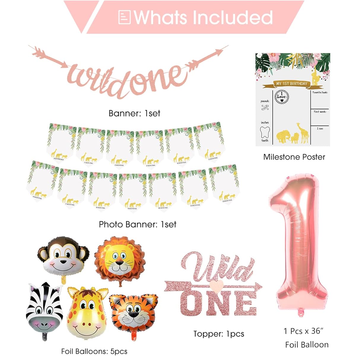 GREPARPY Wild One Birthday Decorations - 1st Girl Animal Jungle Theme Party Supplies with Balloons, Photo Banner, Crown, Topper, Tassels and Milestone Signs for First Safari Birthday Decorations