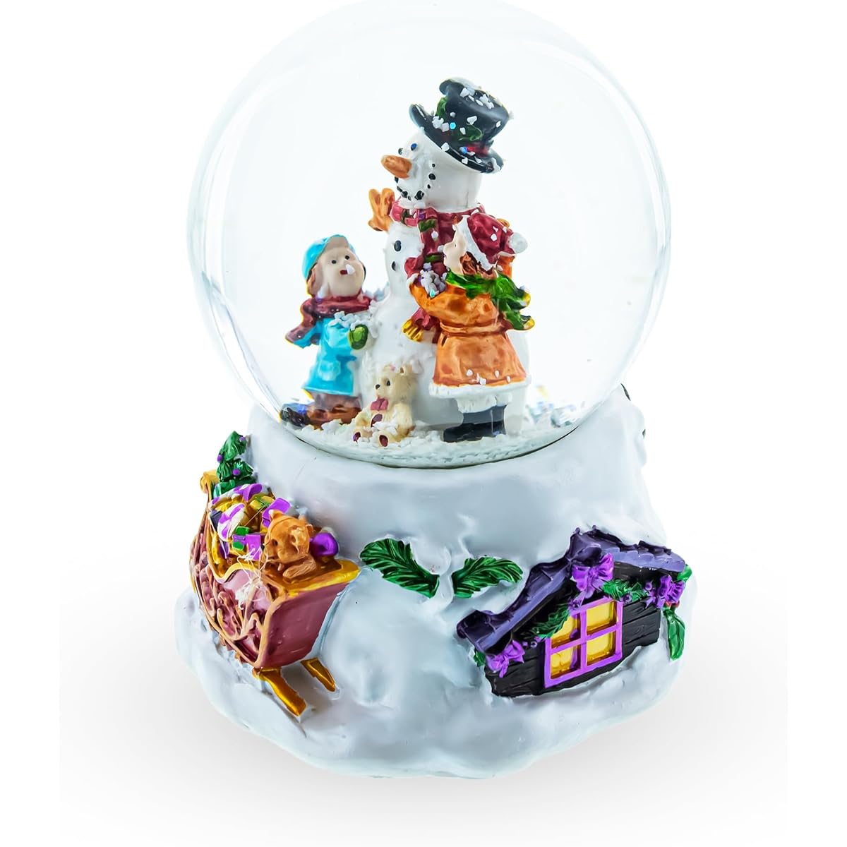 Warm Snowman Embrace: Musical Water Snow Globe with Kids Hugging