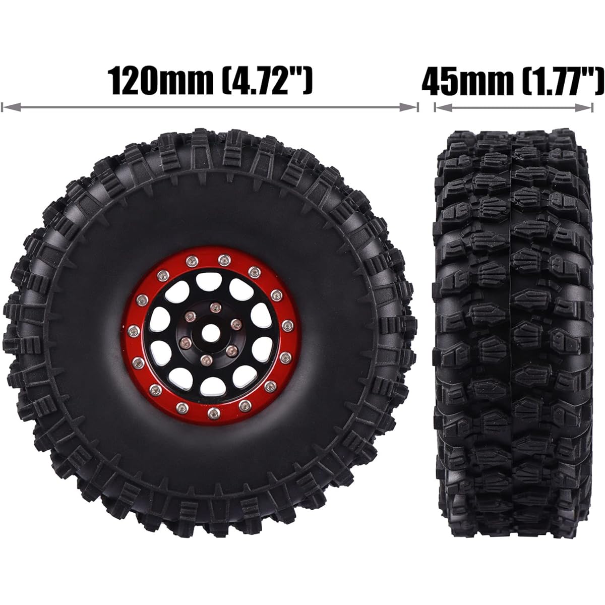 AIMROCK 1.9" Heavy Duty RC Beadlock Wheel Rims Rock Crawling Tires 4.7" Tall for 1/10 SCX10 TRX4 Gen7 Crawler Truck (Red)