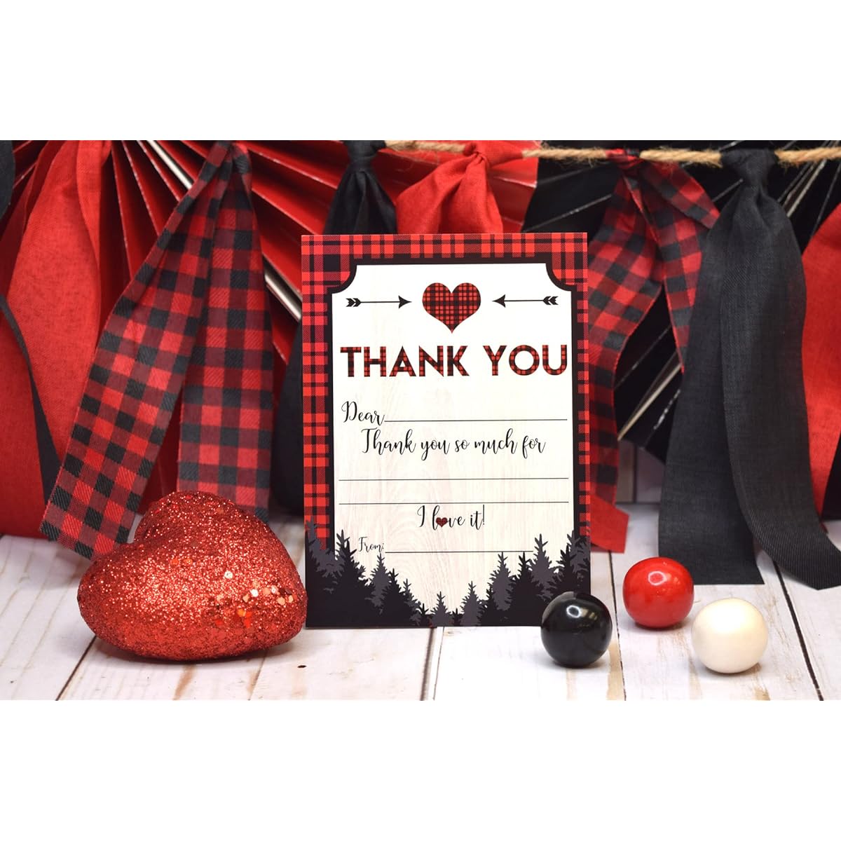 AmandaCreation Our Little Heartbreaker Red and Black Buffalo Plaid Birthday Valentine Thank You Cards - 10 4" x 5.5" Blank Cards with 10 White Envelopes