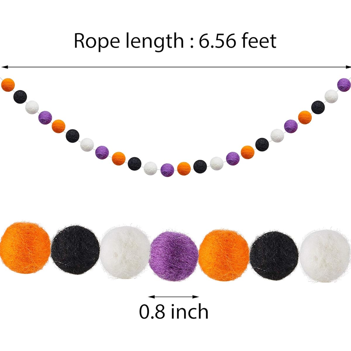 Wool Felt Ball Garland, Fall Pom Pom Garland, Handmade 6.5ft Long 24 Balls Felt Ball Garland for Halloween Thanksgiving Pumpkin Wall Decor (Orange, White, Black, Purple, 2pcs)