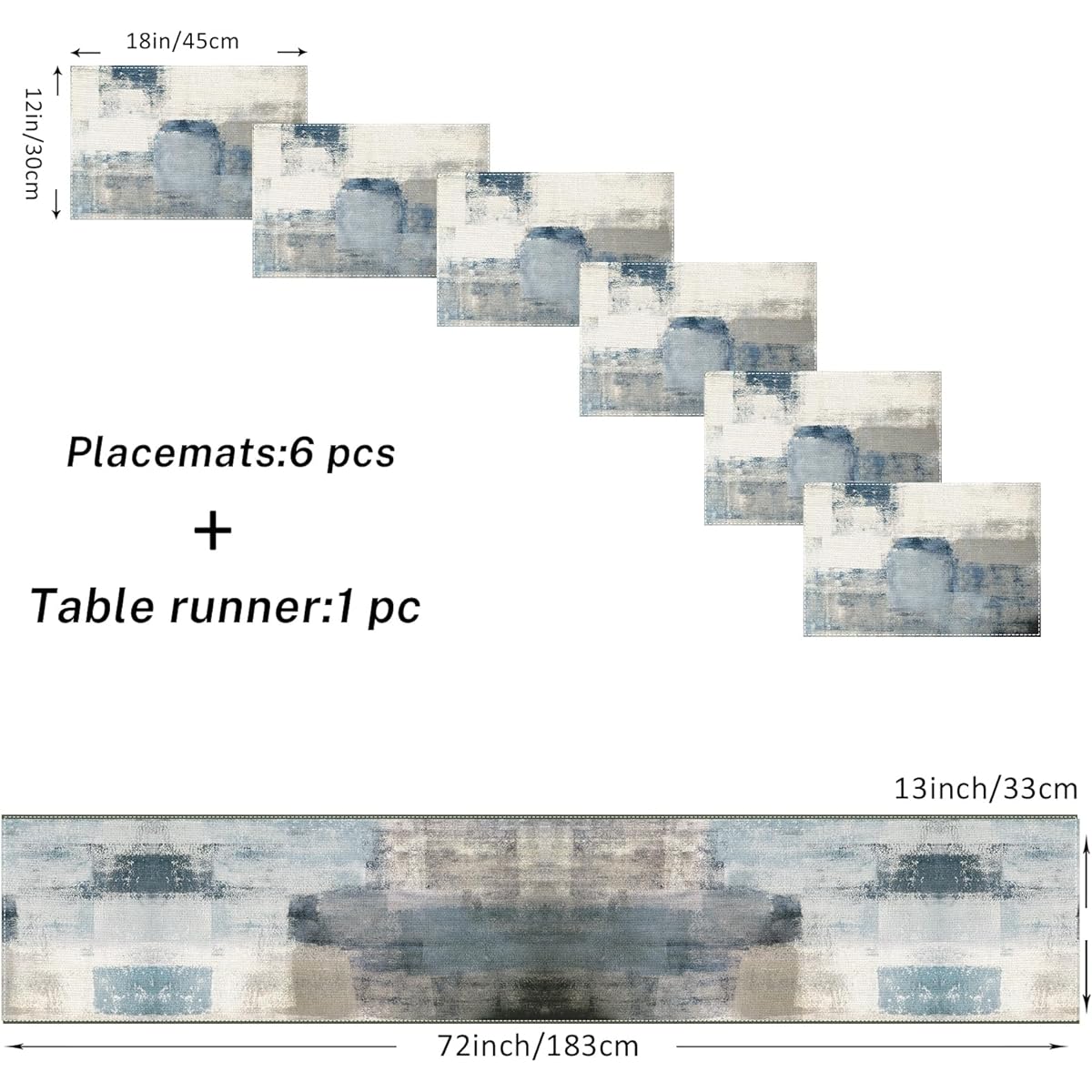 Emvency Farmhouse Table Runner and Placemats Set of 6 Cotton Linen Abstract Blue and Gray Painting Art Dining Table Decor for Everyday Use (1 Table Runner, 72" Long, 6 Placemats)