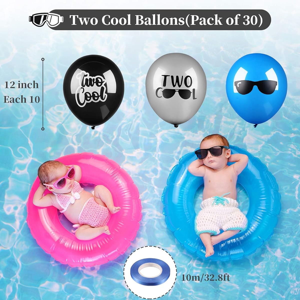 Cool Latex Balloons 2 Cool Party Supplies 2 Cool Sunglasses 2nd Birthday Boys Party Supplies Decorations 30pcs Black Silver Blue Balloons 10m Dark Blue Ribbon