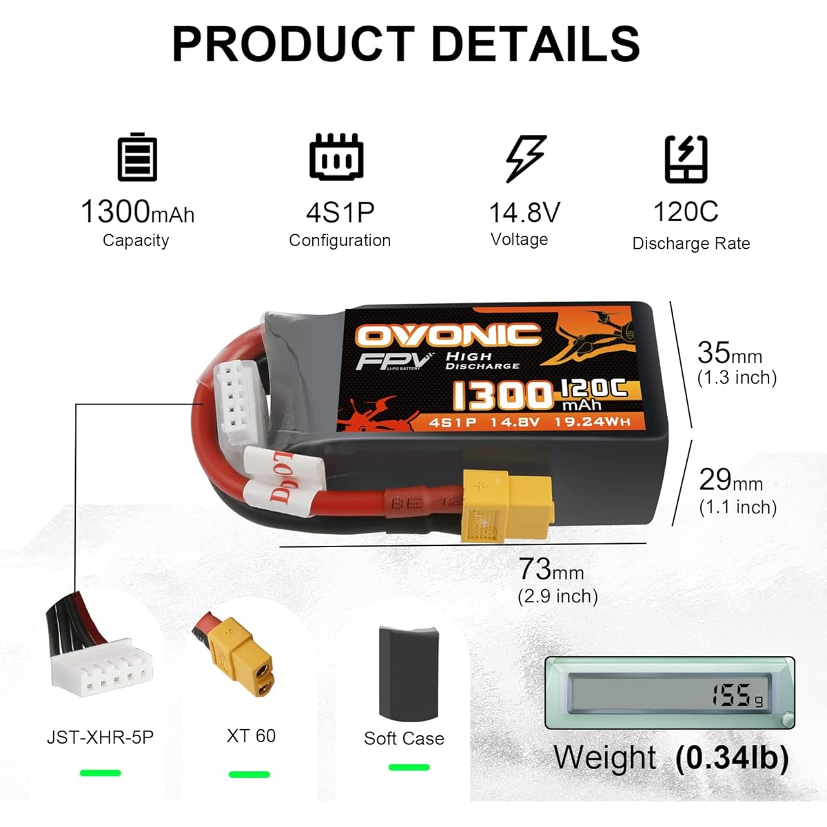 Ovonic 1300mAh 14.8V 4S 120C Lipo Battery with XT60 Plug for FPV Racing