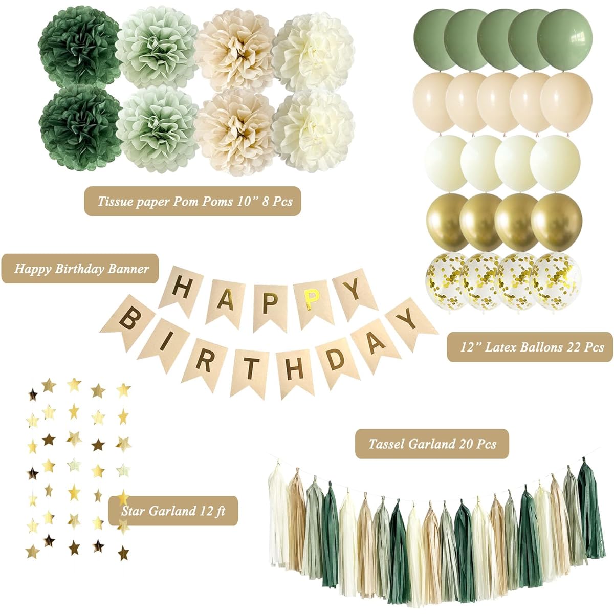 ANSOMO Sage Green Happy Birthday Party Decorations Retro Green Nude Ivory Dark Olive Kraft Paper Banner Balloons Neutral Rustic Boho Blush Safari Botanical Green Wild Decor Supplies for Women Adults