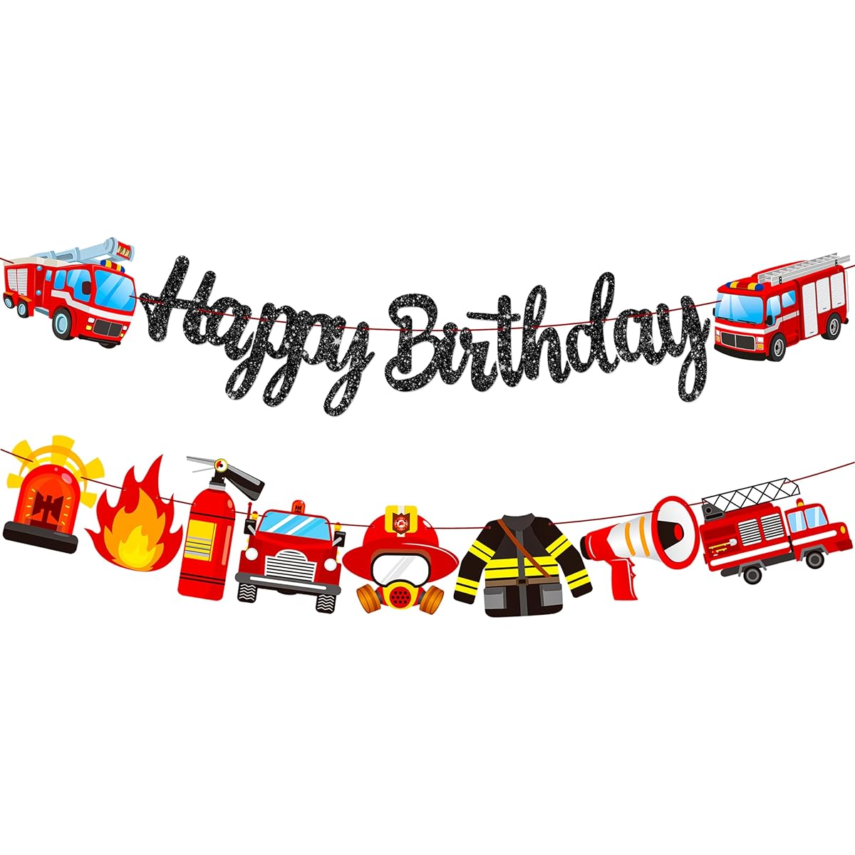 C L COOPER LIFE Fire Truck Birthday Banner, Firefighter Baby Shower, Fireman Happy Birthday Theme Party Sign Supplies, Fire Engine Rescue Birthday Gold Glitter Bunting Garland Decorations