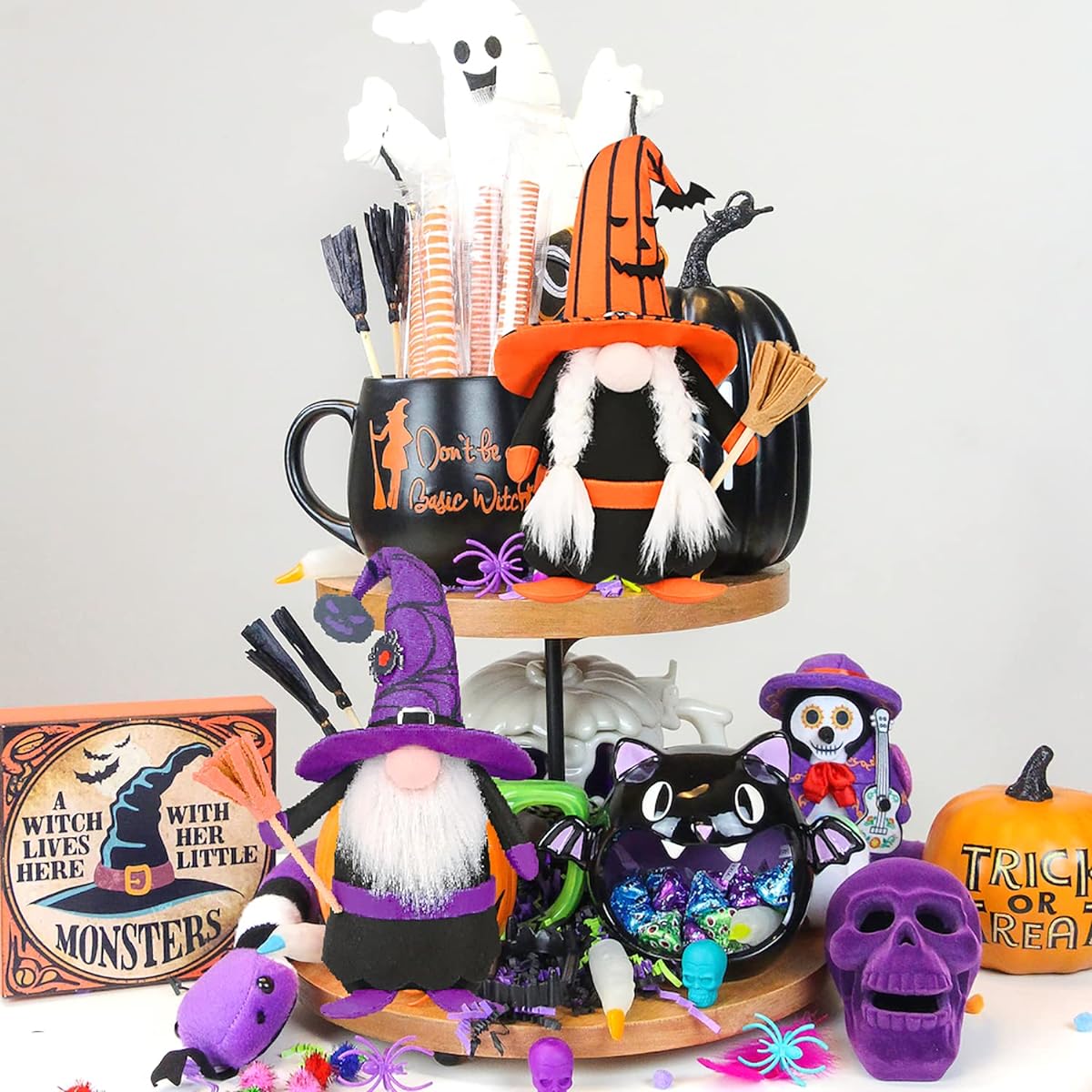 LAAUA 2 Pack Halloween Gnome Plush Toy Decorations Witch Gnome Broom Bat Pumpkin Spider Ornaments Halloween Decor Halloween Decorations for Indoor Home Table Party Kids