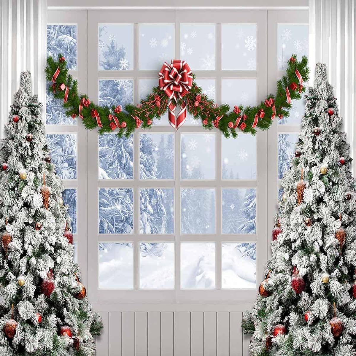 Kate 10x10ft Winter Christmas Backdrop White Window and Christmas Tree Background Christmas Snow Scene Photo Studio Props