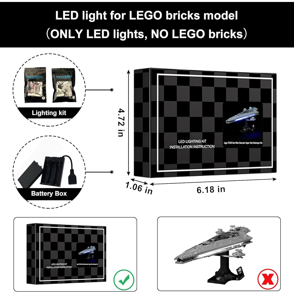 Vaodest LED Light LEGO 75356 Star Wars Executor Superstar Destroyer Set Design and configuration compatible with 75356 model (LED light only, not building block kit)