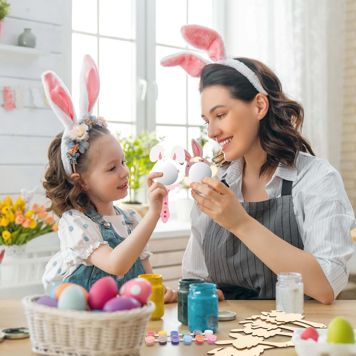 Fennoral Wooden Mirror Crafts 12 Pack - Do It Yourself Bunny Head Mirror for Kids, DIY Paint by Yourself Hand Mirror, Easter Art Activities, Spring Easter Gifts for Girls