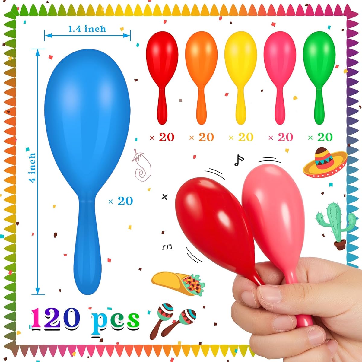 Lenwen 120pcs 4" Mini Fiesta Maracas Bulk Cinco de Mayo Party Favors Neon Maracas Shakers Mexican Party Favors Noise Makers Maracas Musical Instruments for Birthday Mexican Party Classroom Musical