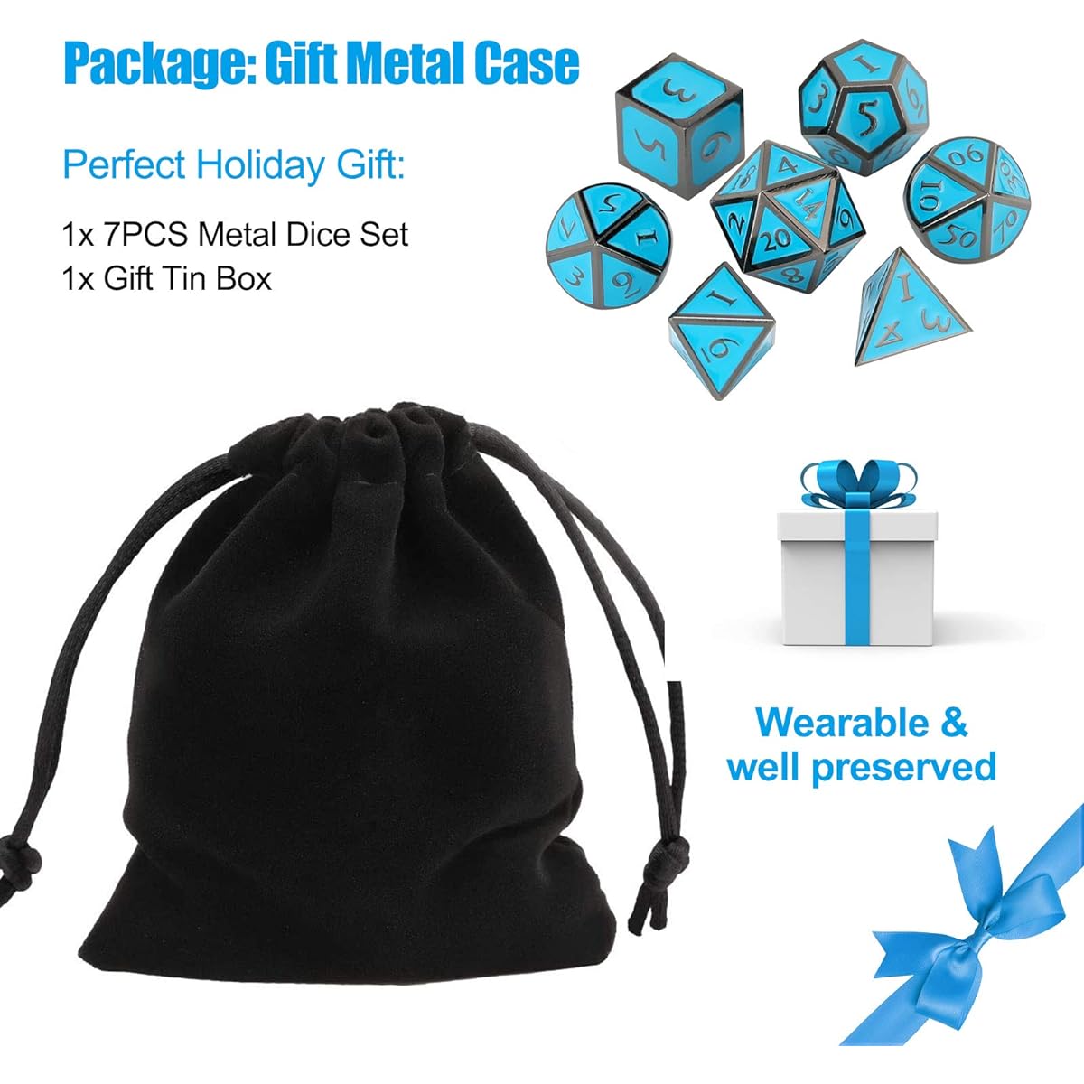 UONUOT 7-Piece DND Metal Dice Set with Black Pouch, D&D Polyhedral Dice, Dungeons & Dragons Role Playing, DND Dice Game, RPGs