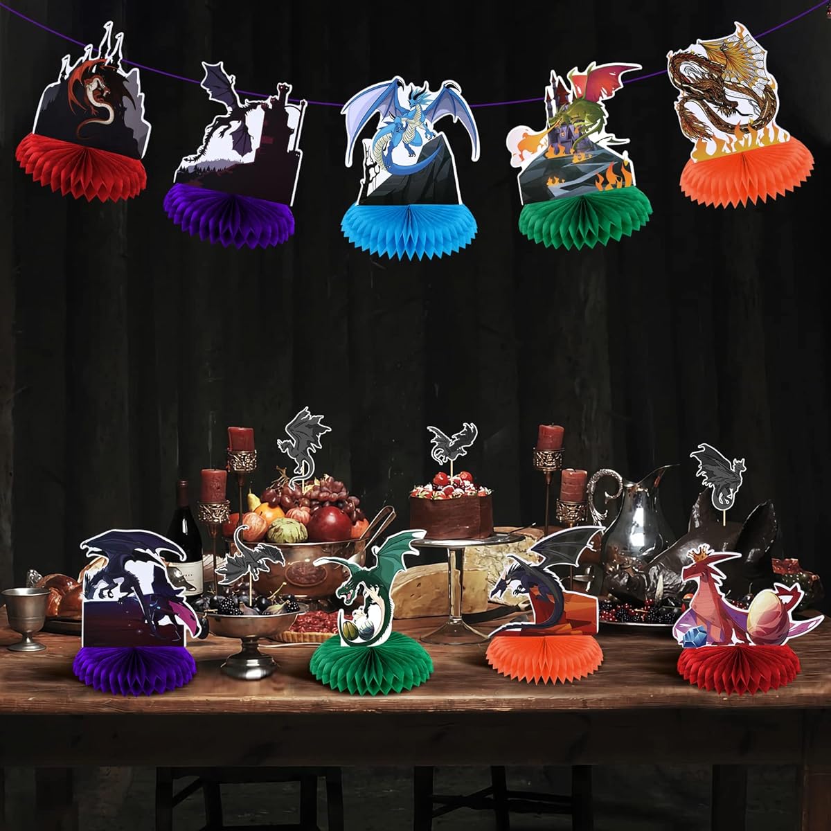 Dragon Theme Happy Birthday Decorations Table Honeycomb Centerpieces Dragon 3D Happy Birthday Table Topper Sign Party Supplies for Boys Girls Kids Birthday Castle Dinosaur Table Decor Party Favors 9pcs