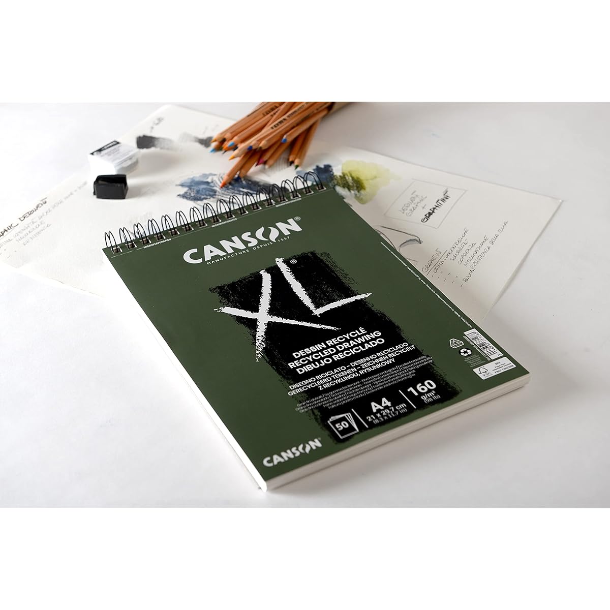 Canson XL Recycled Drawings 160gsm A4 Paper Fine Honeycomb Grain Spiral Pad Short Side 50 White Sheets Ideal for Professional Artists and Illustrators