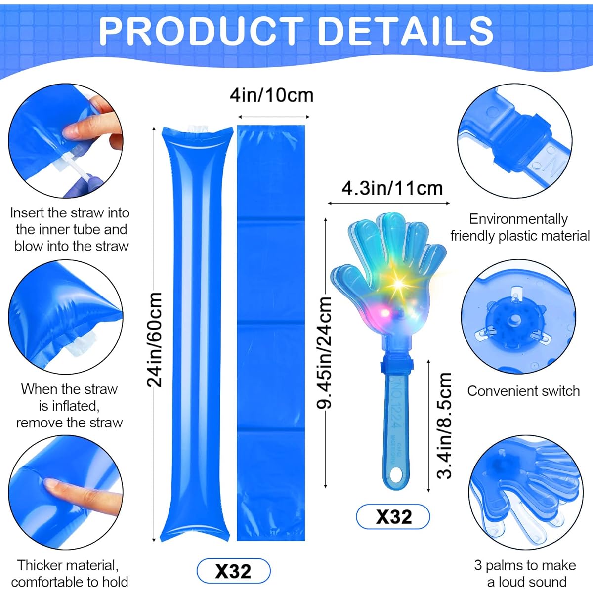 96 Pieces Pump Supplies Light Up LED Hand Clapper and Thunder Rod Foil Blown Dragon LED Light Up Whistle Birthday Party Light Up Gift for Sports Competition Cheer (Blue)