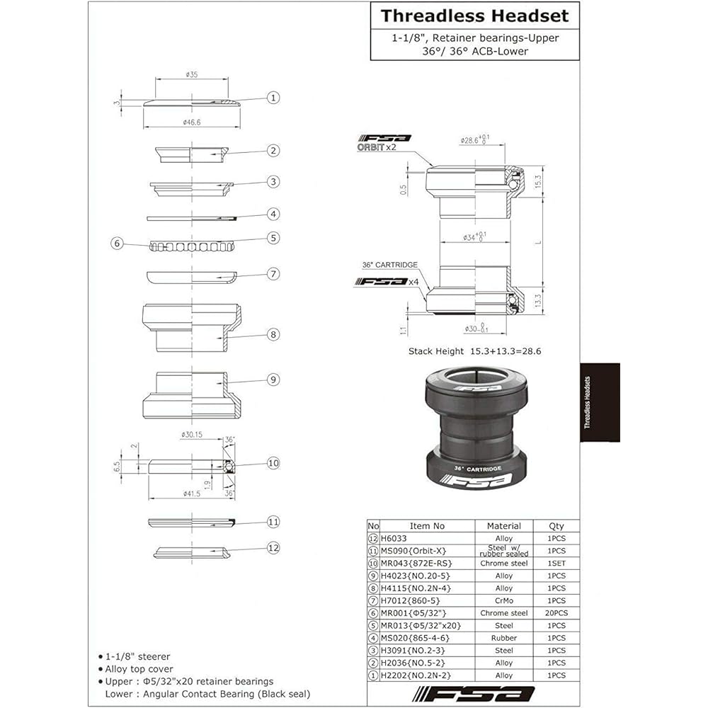 FSA NO.2N Orbit UF 1-1/8 Threadless Sealed Bearing Headset, Black, XTE1714