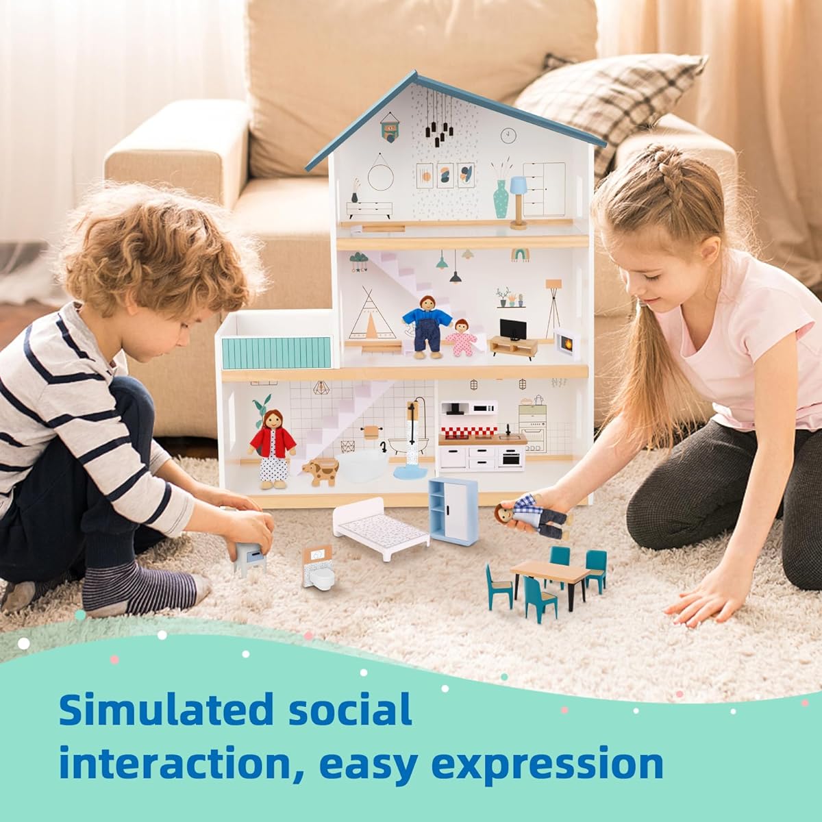 OOOK Wooden Dollhouse Children's Dollhouse Artificial Luxury Furniture Set Dollhouse Playset Girls Toddler Gift (Includes 4 Family Dolls and Dog)