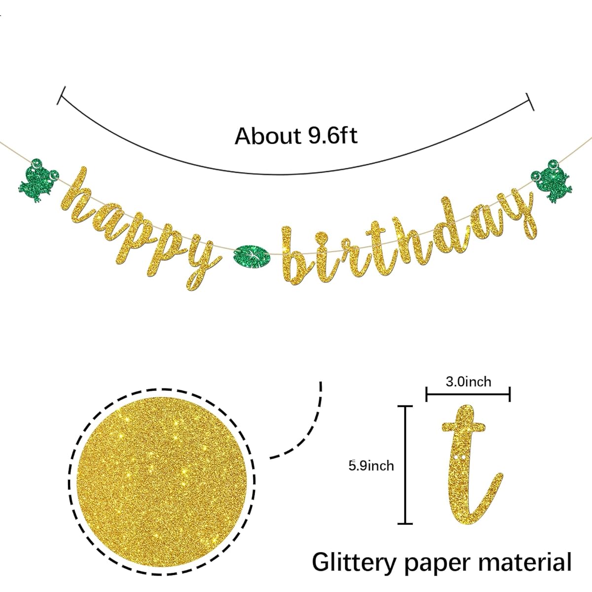 INNORU Frog Happy Birthday Banner, Reptile Animal Frog Party Decorations for Kids Boys Girls Tropical Rainforest Birthday Party Banner, Cute Frog Birthday Party Decorations Supplies Gold Glitter