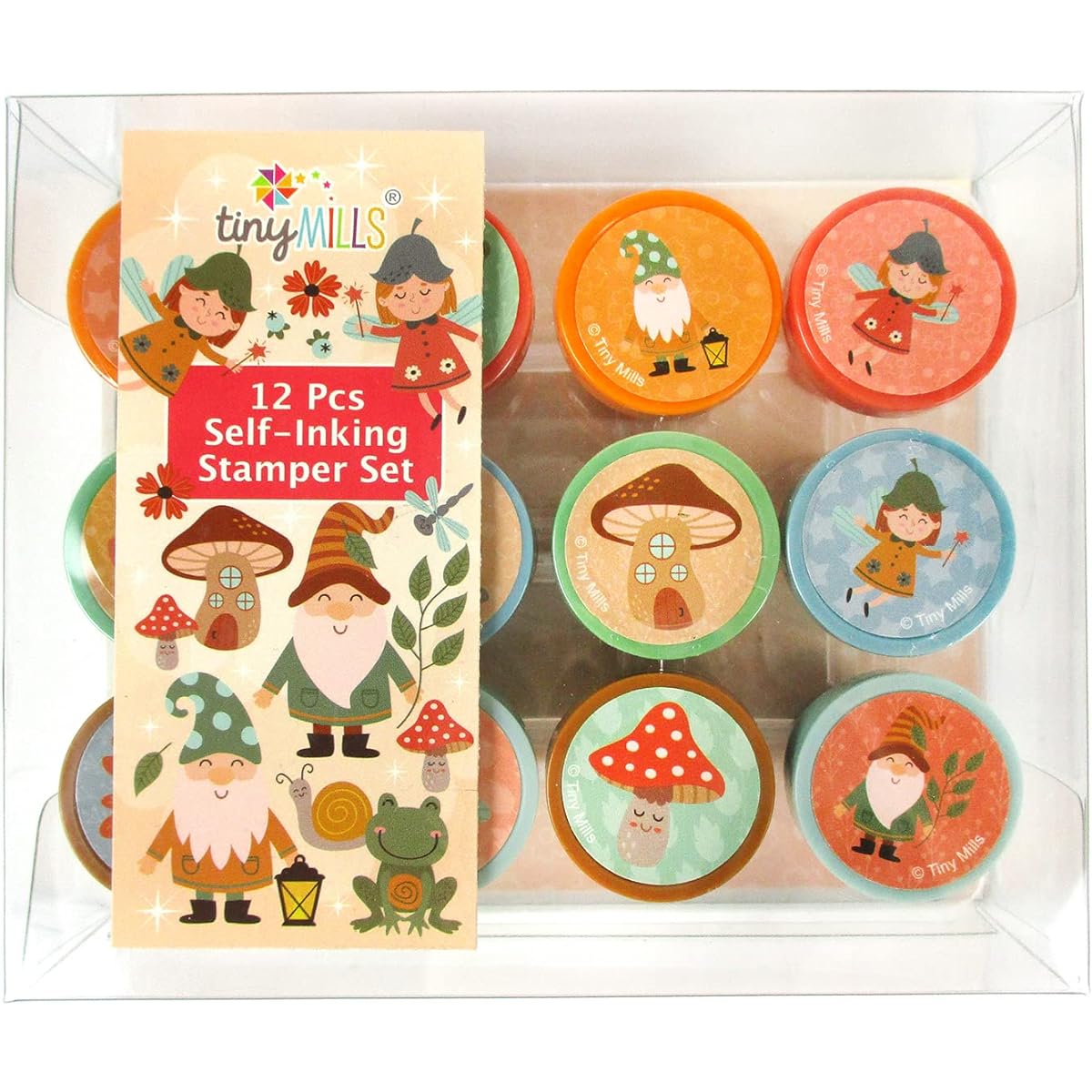 TINYMILLS Garden Fairy Mushroom Gnome Stamp Kit for Kids Farm Animal Barnyard Self Inking Stamps Gift Party Favors 12 Pieces