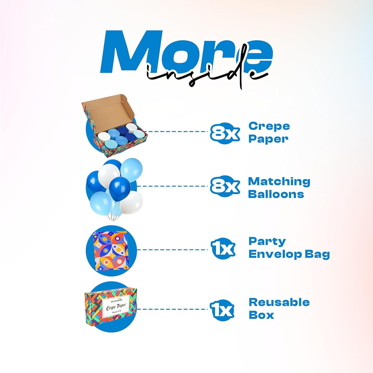 Crepe Paper Streamers (622ft x 1.8in) - 8 Rolls & 8 Balloons - Dark Blue, Blue, Sky Blue, White Party Streamers for Birthday Party Decorations, Backdrops, Arts & Crafts