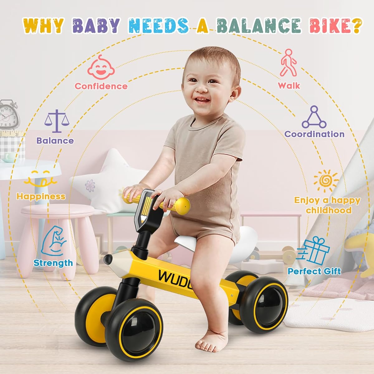 Wudola Baby Walker Balance Bike, Suitable for Ages 10-36 Months, First Bike for Preschool Toddlers, No Pedals, Silent Wheels, Toddler Bike, 1 Year Old, Boys, Girls, Birthday Gift (Yellow), BK-235