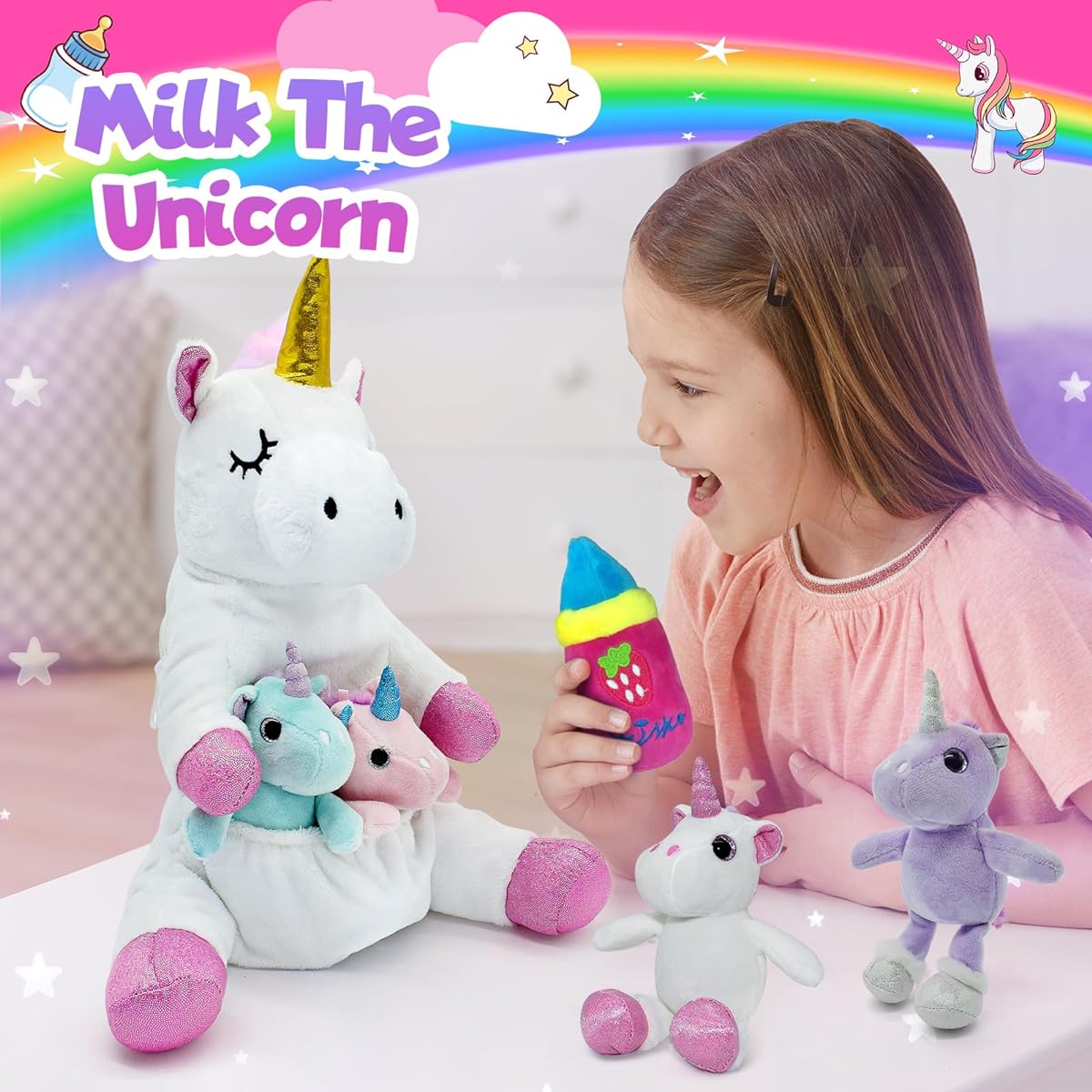 FUNCREVITY Unicorn Plush Toy, Unicorn Stuffed Animal, Mummy Unicorn with 4 Babies, Valentine's Day, Christmas, Birthday Gift, Girl, Kids Toy, Ages 4, 5, 6, 7, 8+