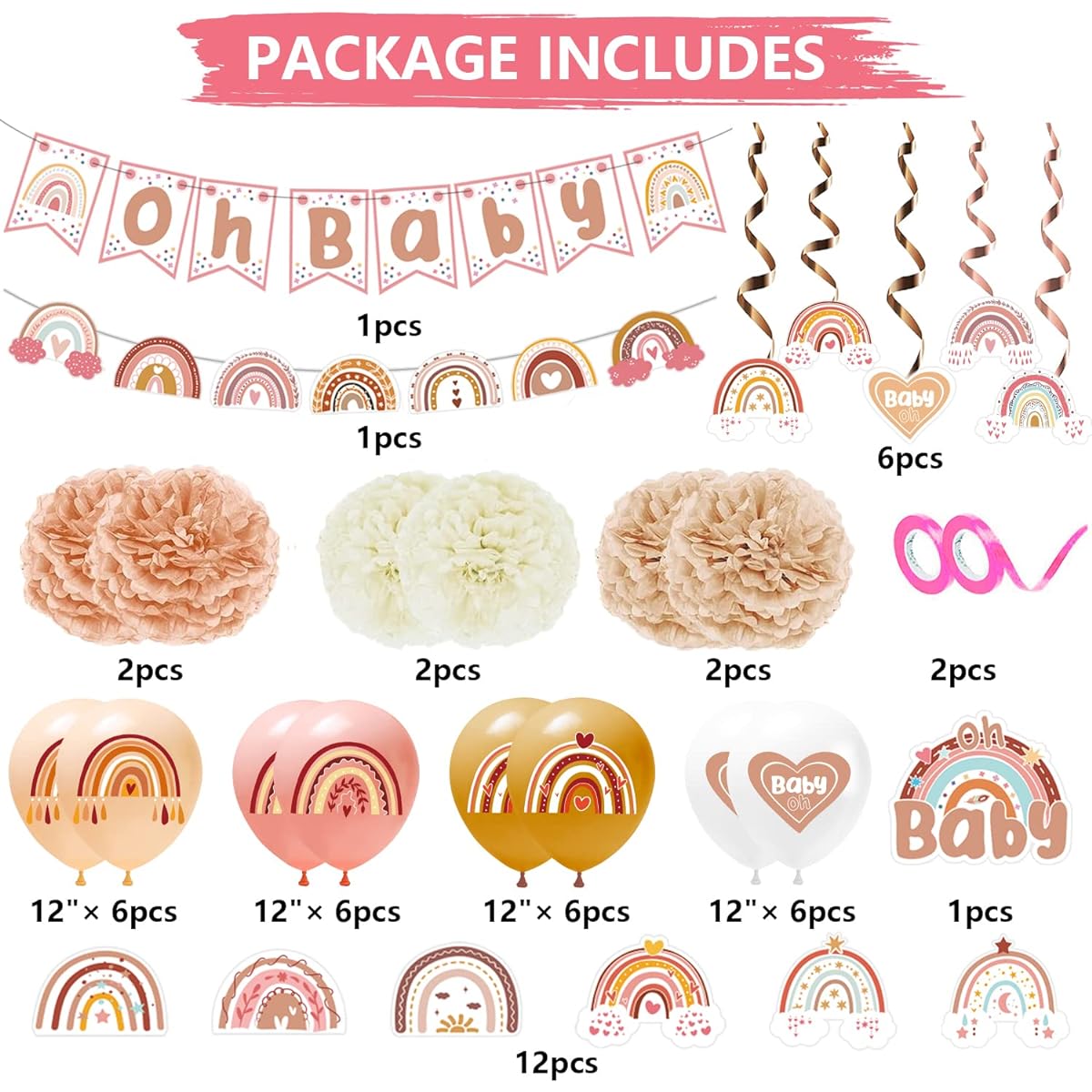 Boho Rainbow Baby Shower Decorations - Oh Baby Rainbow Baby Shower Banner, Bohemian Balloons, Rainbow Dangling Swirls, Rainbow Cake Topper, Boy Girl Neutral Baby Shower Decor, Party Supplies