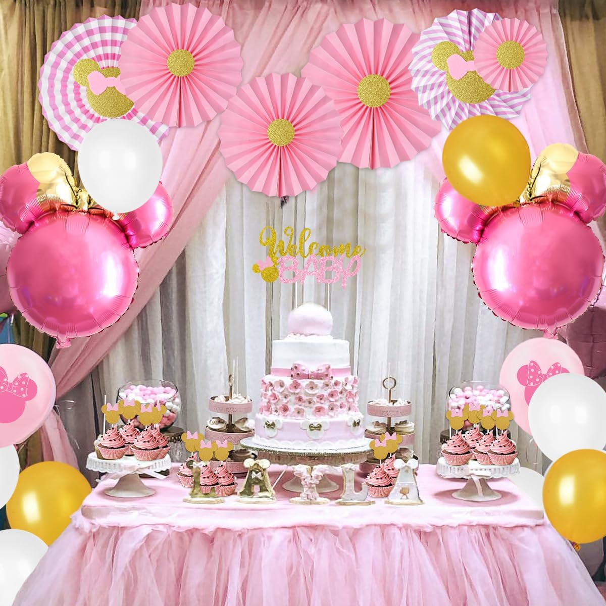 Minnie Baby Shower Decorations for Girls Pink and Gold Minnie Themed Party Supplies for Girls Baby Shower Banner Minnie Head Foil Balloons Paper Fans