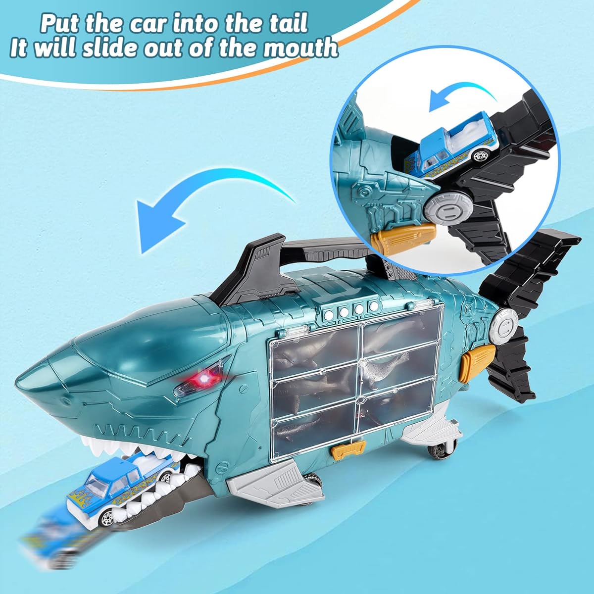 deAO Shark Toy Boys Transport Carrier Truck Animal Toys for Kids 27 Pieces Light Music Effects Toddler Kids Boys Girls Birthday Gift