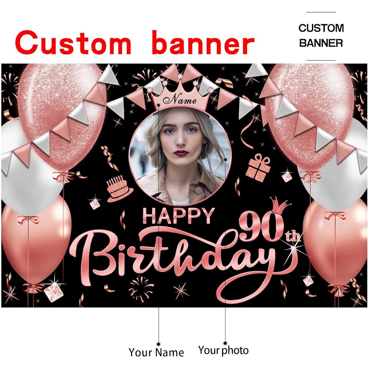 Rose Gold Happy 90th Birthday Banner Backdrop Large Happy 90th Birthday Yard Sign Backdrop It's My Birthday Backdrop Party Indoor Outdoor Car Decoration Supplies for Women Girls