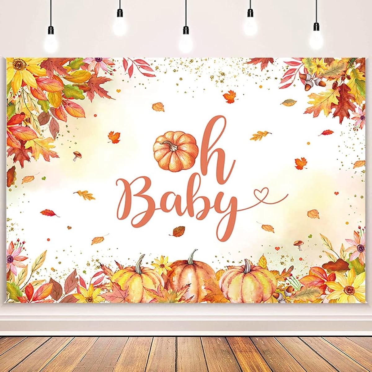 MEHOFOND 7x5ft Autumn Oh Baby Backdrop Baby Shower Fall Maple Leaves Pumpkin Flowers Golden Dots Photography Background Kids Newborn Birthday Party Decorations Banner Cake Table Supplies