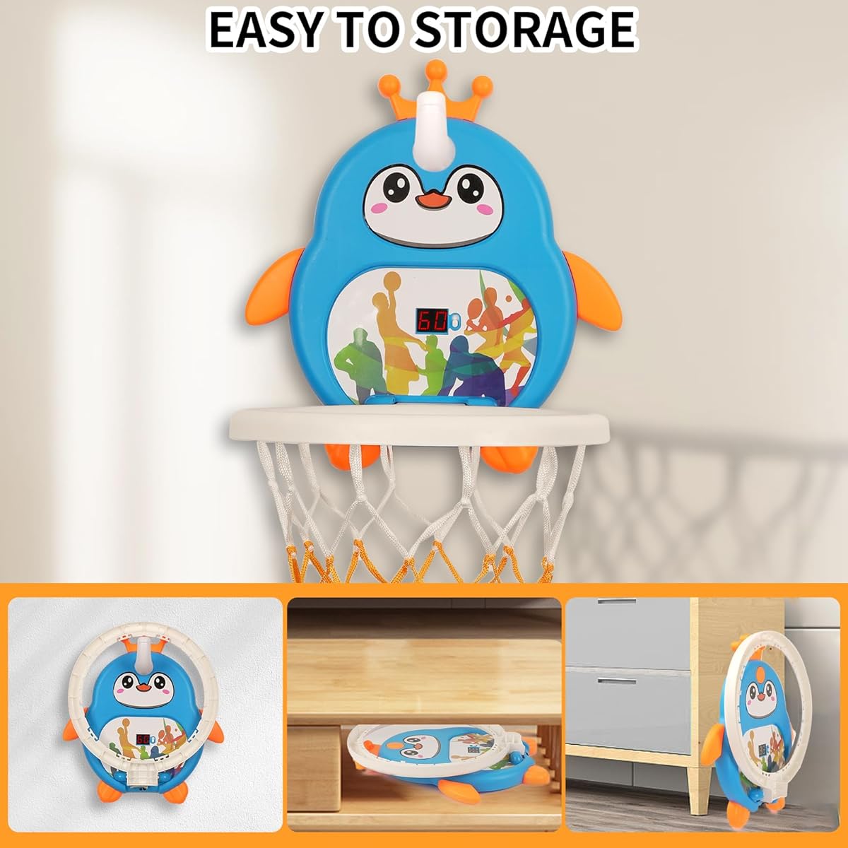 Indoor Mini Basketball Hoop for Toddler Kids Boys 1-3-4-5-6 Bedroom with 4 Balls & Electronic Scoreboard Adjustable Height Space Saving Toddler Toy Gift for 2 3 4 Year Old Boys, LQ4-PG-V02