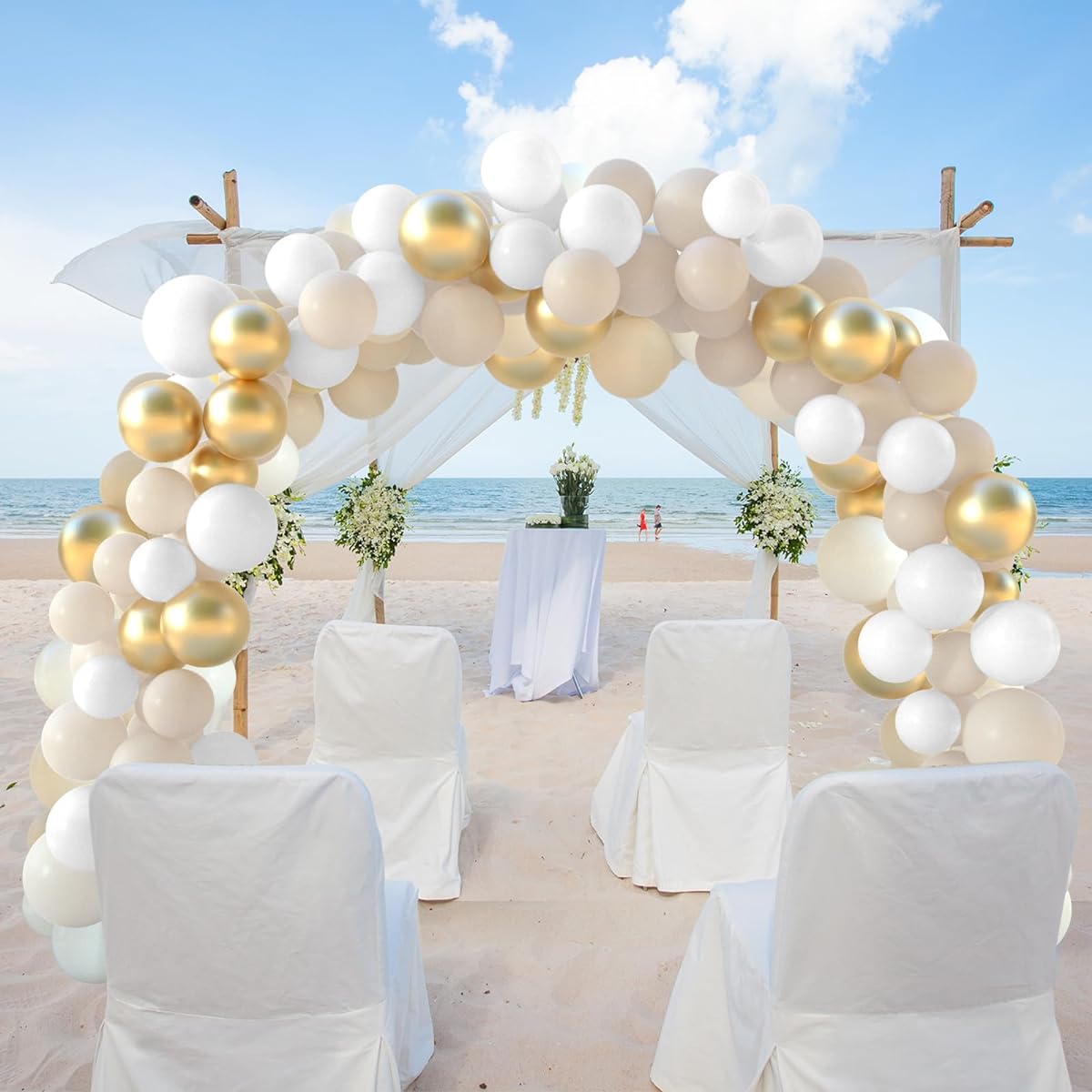NEBURORA White Sand Gold Balloons Garland Arch Kit, 60pcs 12inch Sand White & Metallic Gold Balloons Kit for Birthday Anniversary Celebration and Boho Wedding Party