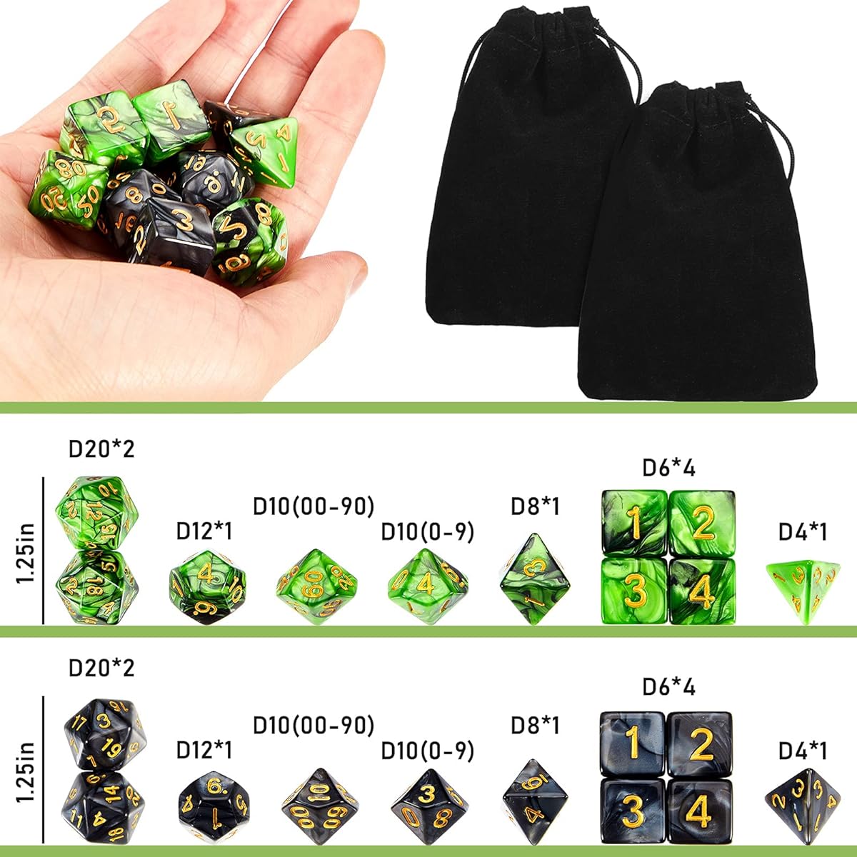 Polyhedral Dice Set 11pcs Polyhedral Dice Set Smooth Touch with Drawstring Bag Compatible with DND RPG MTG Table Game Dice 22pcs