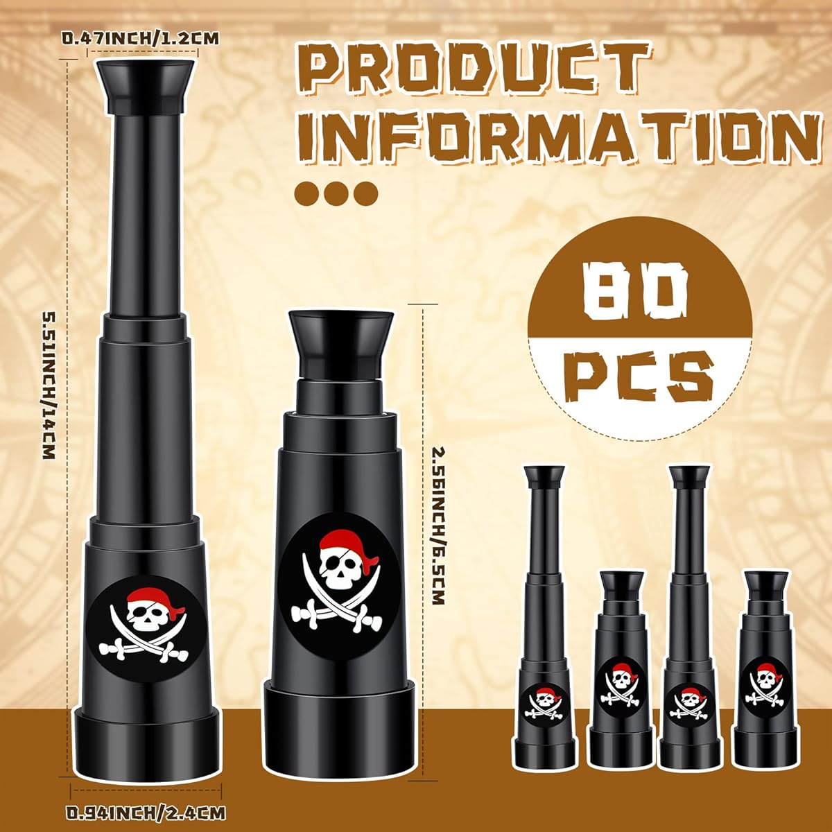 Plastic Pirate Telescope Party Favors Pirate Theme Party Telescope Mini Monocular Toy Pirate Theme Birthday Party Supplies Halloween Treasure Hunt Pretend Play Black 2.6~5.5 Inch (80 Pieces)