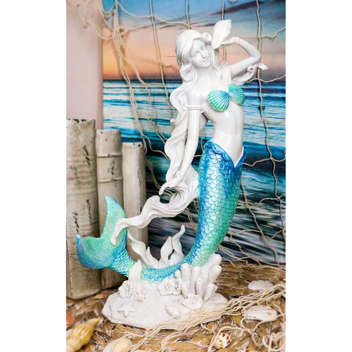 Ebros Gift Large Nautical Capiz Blue Tail Mermaid Ariel White Coral Rock Seaside Decoration Accent (Appreciation to Conch Shell)